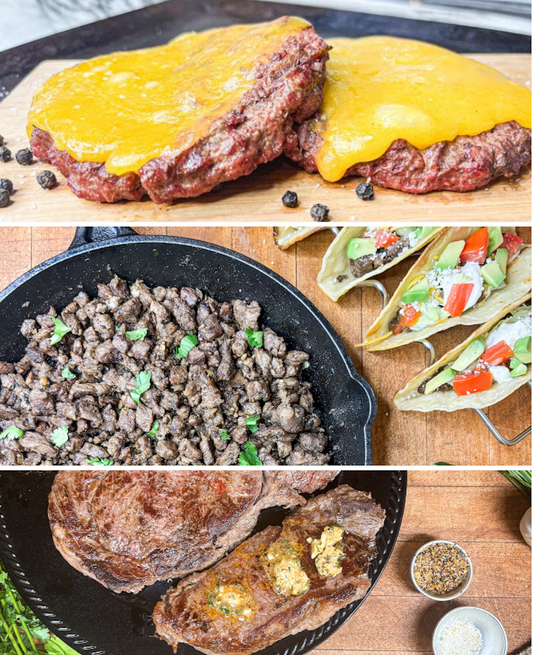 Cheeseburger Patties, taco meat, ribeye steaks